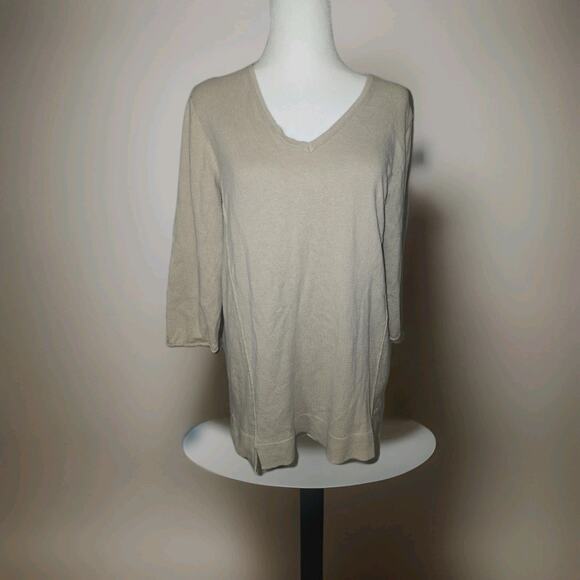 J Jill Missy Sz Medium Tan 1/2 Sleeve Top V Neck Knit Texture Cotton Blend - Picture 1 of 5